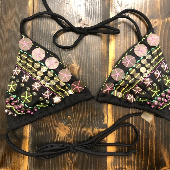 Victoria Secret Colorful Beaded/Black Bikini Top SZ Small - Picture 3 of 4